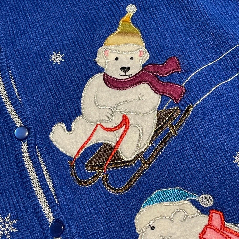 Vintage‎ Winter Scene Polar Bear Ugly Christmas Cardigan Sweater L Large EUC